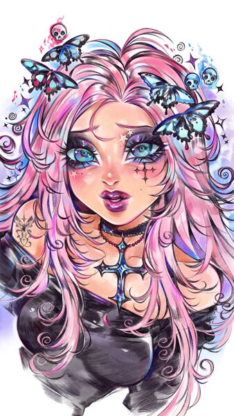 Size: 1080x1920 | Tagged: safe, artist:anniebunie, derpibooru import, fluttershy, butterfly, human, insect, bust, choker, cross, cross necklace, female, fluttergoth, humanized, image, jewelry, jpeg, necklace, solo, strapless