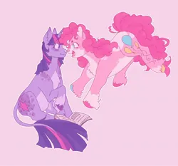 Size: 2048x1908 | Tagged: safe, artist:pasteljesterz, derpibooru import, pinkie pie, twilight sparkle, classical unicorn, pony, unicorn, alternate design, book, boop, chest fluff, cloven hooves, duo, female, g4, horn, image, jpeg, leonine tail, lesbian, mare, nose to nose, pink background, shipping, simple background, sitting, twinkie, twitterina design, unicorn twilight, unshorn fetlocks