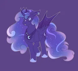 Size: 2048x1853 | Tagged: safe, artist:pasteljesterz, derpibooru import, princess luna, alicorn, pony, bat wings, curved horn, ear piercing, earring, female, g4, hoof shoes, horn, image, jewelry, jpeg, mare, peytral, piercing, purple background, regalia, simple background, solo, unusual pupils, wings