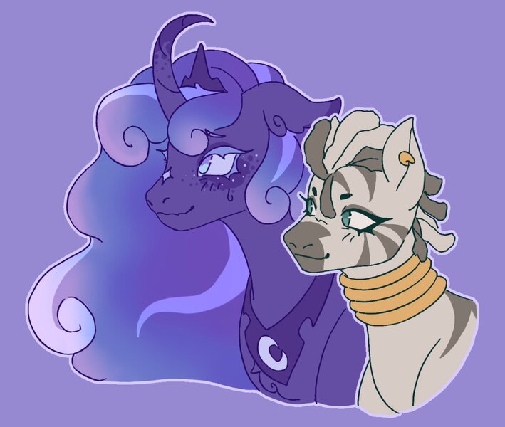 Size: 2048x1734 | Tagged: safe, artist:pasteljesterz, derpibooru import, princess luna, zecora, alicorn, pony, zebra, chest fluff, coat markings, curved horn, ear piercing, earring, facial markings, female, g4, horn, image, jewelry, jpeg, lesbian, lucora, mare, neck rings, peytral, piercing, purple background, regalia, shipping, simple background, star (coat marking), sweat