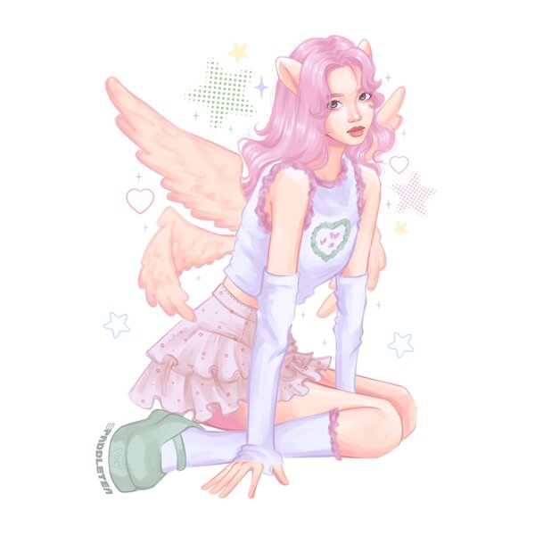 Size: 2048x2048 | Tagged: safe, artist:paddle_teaa, derpibooru import, fluttershy, human, abstract background, arm warmers, clothes, female, g4, humanized, image, jpeg, looking at you, multiple wings, sitting, skirt, solo, tanktop, winged humanization, wings