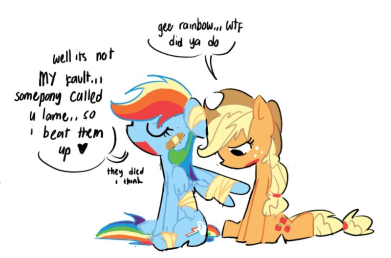 Size: 1631x1077 | Tagged: safe, artist:appledash3r_, derpibooru import, applejack, rainbow dash, earth pony, pegasus, pony, appledash, applejack's hat, bandage, bandaid, cowboy hat, dialogue, duo, female, freckles, hat, image, jpeg, lesbian, mare, shipping, sitting, speech bubble