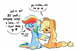 Size: 1631x1077 | Tagged: safe, artist:appledash3r_, derpibooru import, applejack, rainbow dash, earth pony, pegasus, pony, appledash, applejack's hat, bandage, bandaid, cowboy hat, dialogue, duo, female, freckles, hat, image, jpeg, lesbian, mare, shipping, sitting, speech bubble