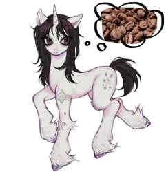 Size: 1080x1122 | Tagged: safe, artist:bioluminescentfarts, derpibooru import, oc, unofficial characters only, pony, unicorn, coffee beans, horn, image, jpeg, simple background, solo, thought bubble, unshorn fetlocks, white background