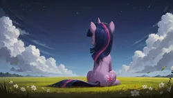 Size: 3840x2176 | Tagged: safe, ai content, derpibooru import, generator:autismmixconfetti, machine learning generated, prompter:truekry, stable diffusion, twilight sparkle, pony, unicorn, cloud, facing away, female, flower, g4, grass, grass field, high res, horn, image, looking away, mare, png, sitting, sky, solo, unicorn twilight, wallpaper, wind