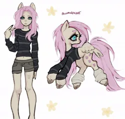 Size: 1080x1032 | Tagged: safe, artist:bioluminescentfarts, derpibooru import, fluttershy, anthro, pegasus, pony, abstract background, belly button, clothes, female, image, jpeg, leg warmers, mare, self paradox, self ponidox, shorts, solo, sweater, unshorn fetlocks