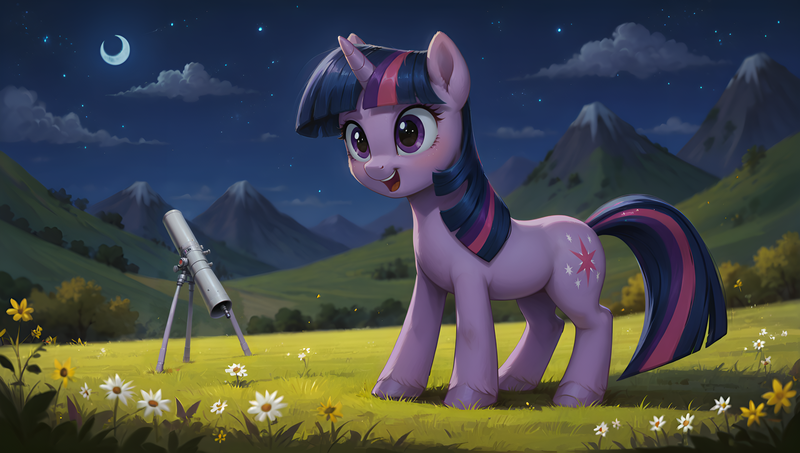 Size: 3840x2176 | Tagged: safe, ai content, derpibooru import, generator:autismmixconfetti, machine learning generated, prompter:truekry, stable diffusion, twilight sparkle, pony, unicorn, female, filly, foal, g4, grass, grass field, high res, horn, image, moon, night, png, solo, stars, telescope, unicorn twilight, wallpaper