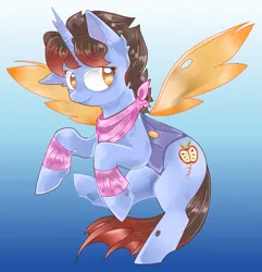 Size: 2080x2161 | Tagged: safe, artist:scarlet_dove, derpibooru import, oc, oc:key ti, unofficial characters only, changeling, hybrid, pony, bandana, changeling hybrid, ear fluff, female, freckles, front view, gradient background, horn, image, insect wings, key, mare, png, solo, transparent wings, two toned hair, wings