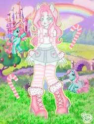 Size: 1024x1344 | Tagged: safe, artist:minttea030, derpibooru import, minty, earth pony, pony, equestria girls, g3, blushing, boots, candy, candy cane, clothes, equestria girls-ified, female, food, g4, image, mare, midriff, nail polish, png, ponied up, shirt, shoes, skirt, socks, solo, stockings, striped socks, thigh highs