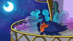Size: 3840x2160 | Tagged: safe, artist:creatorworld, artist:liquorice_sweet, derpibooru import, princess luna, oc, oc:fireheart(fire), alicorn, hybrid, pony, blanket, canon x oc, cute, female, foal, image, male, mother and child, mother and son, night, pegabat, png, stars, wholesome