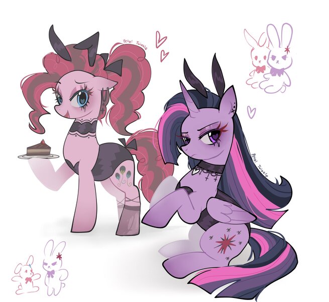Size: 2048x1877 | Tagged: safe, artist:petaltwinkle, derpibooru import, pinkie pie, twilight sparkle, twilight sparkle (alicorn), alicorn, earth pony, pony, alternate cutie mark, alternate hairstyle, blue eyes, bow, bunny ears, bunny girl, bunny suit, cake, cake slice, choker, clothes, colored wings, cross earring, curly mane, curly tail, duo, duo female, dyed mane, dyed tail, ear piercing, earring, eyelashes, eyeshadow, female, floating heart, folded wings, food, frown, g4, gradient ears, gradient horn, gradient legs, gradient wings, heart, heart choker, heart eyes, hoof hold, horn, image, jewelry, jpeg, lidded eyes, makeup, mare, multicolored mane, multicolored tail, narrowed eyes, open mouth, open smile, piercing, pink coat, plate, ponytail, purple coat, purple eyes, raised hoof, raised hooves, running makeup, shiny eyes, signature, simple background, sitting, smiling, socks, standing, stockings, straight mane, straight tail, tail, tail bow, thigh highs, tied mane, tied tail, two toned mane, two toned tail, unicorn horn, wall of tags, white background, wingding eyes, wings