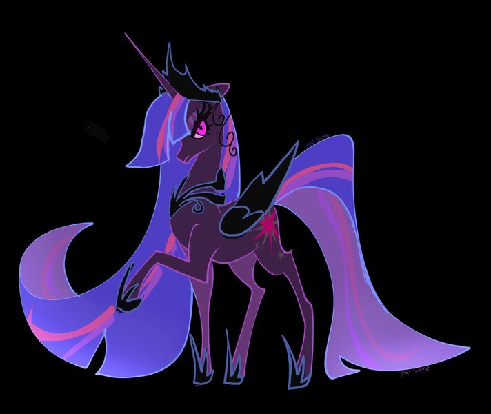 Size: 2048x1726 | Tagged: safe, artist:petaltwinkle, derpibooru import, twilight sparkle, twilight sparkle (alicorn), alicorn, bat pony, bat pony alicorn, pony, bat wings, black background, colored wings, crown, ethereal mane, ethereal tail, eyelashes, female, folded wings, glow, glowing eyes, headpiece, hoof shoes, horn, image, jewelry, jpeg, long horn, long legs, long mane, long tail, mare, multicolored mane, multicolored tail, narrowed eyes, nightmare twilight, nightmarified, peytral, pink eyes, princess shoes, profile, purple coat, raised hoof, regalia, simple background, slit pupils, solo, standing, starry eyes, straight mane, straight tail, tail, thin, thin legs, tiara, unicorn horn, wingding eyes, wings
