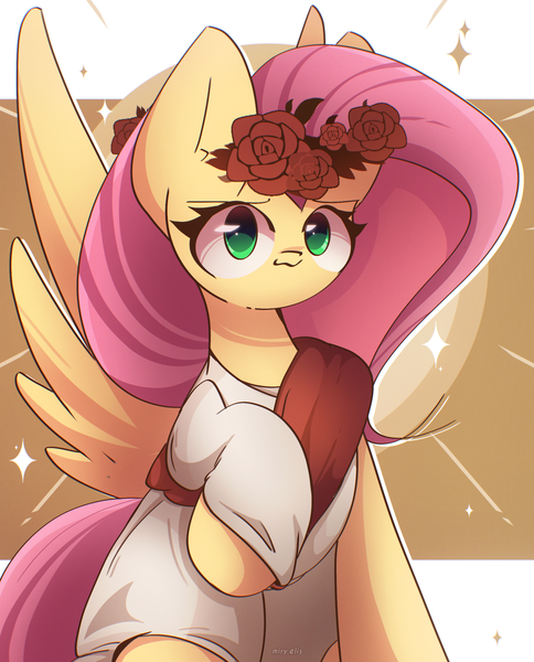 Size: 2058x2550 | Tagged: safe, artist:miryelis, derpibooru import, fluttershy, pegasus, pony, big ears, clothes, cute, flower, flower in hair, image, long hair, png, raised hoof, shyabetes, smiling, solo, sparkles, spread wings, wings