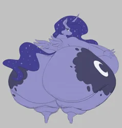 Size: 934x980 | Tagged: suggestive, artist:thespacepon3, princess luna, alicorn, anthro, unguligrade anthro, bbw, big breasts, both cutie marks, breasts, busty princess luna, dock, ethereal mane, ethereal tail, fat, female, huge breasts, hyper, hyper breasts, image, impossibly large breasts, looking at you, looking back, looking back at you, png, rear view, simple background, smiling at you, solo, spread wings, tail, the ass was fat, wings