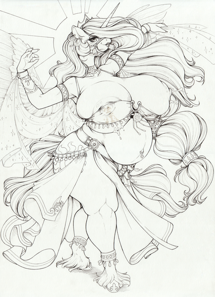 Size: 3478x4803 | Tagged: questionable, artist:longinius, derpibooru import, princess celestia, alicorn, anthro, alternate hairstyle, belly button, belly dancer outfit, belly piercing, big breasts, breast milk, breasts, bridle, busty princess celestia, clothes, dancing, huge breasts, image, jewelry, lactation, lactation through clothing, milk, monochrome, piercing, png, pregnant, skirt, spread wings, tack, traditional art, wide hips, wings
