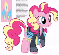 Size: 640x600 | Tagged: safe, artist:fizzled_kitty, derpibooru import, edit, pinkie pie, earth pony, pony, alternate hair color, blonde hair, coat of arms, cutie mark, feather, female, g4, google translate, image, implied gummy, jpeg, recolor, simple background, solo, white background