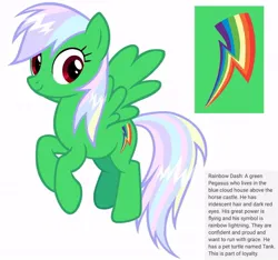 Size: 640x600 | Tagged: safe, artist:fizzled_kitty, derpibooru import, edit, rainbow dash, pegasus, pony, alternate color palette, cutie mark, female, g4, google translate, green fur, image, implied tank, jpeg, recolor, red eyes, simple background, solo, white background