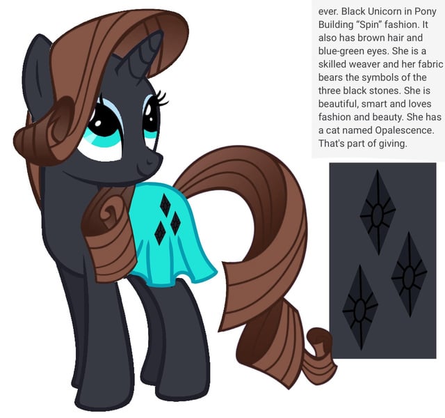 Size: 640x600 | Tagged: safe, artist:fizzled_kitty, derpibooru import, edit, rarity, pony, unicorn, alternate color palette, black fur, brown hair, cutie mark, fabric, female, g4, google translate, horn, image, implied opalescence, jpeg, recolor, simple background, solo, white background