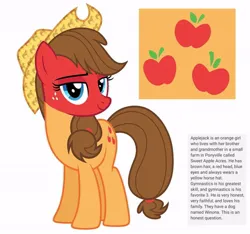Size: 640x600 | Tagged: safe, artist:fizzled_kitty, derpibooru import, edit, applejack, earth pony, pony, alternate color palette, blue eyes, brown hair, cutie mark, female, google translate, hat, horse hat, image, implied big macintosh, implied granny smith, implied winona, jpeg, recolor, red head, simple background, solo, white background