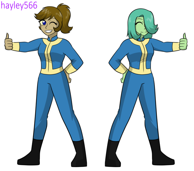 Size: 2944x2592 | Tagged: safe, artist:hayley566, derpibooru import, oc, oc:doodles, oc:toxic rat, unofficial characters only, equestria girls, boots, clothes, commission, crossover, duo, duo female, equestria girls-ified, eyes closed, fallout, female, g4, grin, hair over one eye, image, jumpsuit, one eye closed, png, shoes, simple background, smiling, thumbs up, transparent background, vault boy, vault suit, vault-tec, wink