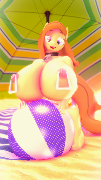 Size: 1080x1920 | Tagged: questionable, artist:veryfluffy, derpibooru import, oc, oc:cream heart, anthro, earth pony, 3d, beach, beach ball, big breasts, bimbo, bimboification, breasts, gravity-defying breasts, huge breasts, image, lipstick, nipple piercing, nipples, nudity, piercing, png, red lipstick, solo, source filmmaker, towel, umbrella