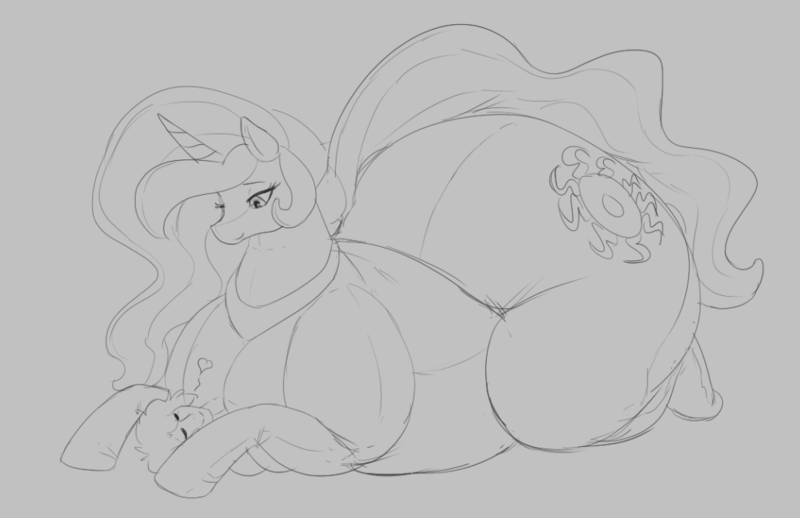 Size: 1060x686 | Tagged: suggestive, artist:thespacepon3, princess celestia, alicorn, human, pony, bed, butt, cutie mark, eyes closed, female, gray background, grayscale, heart, huge butt, hyper, hyper butt, image, impossibly large butt, impossibly large thighs, large butt, looking down, lying down, mare, monochrome, on back, on bed, plot, plushie, png, simple background, sleeping, smiling, sunbutt, thighs, thunder thighs