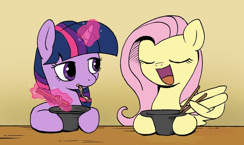 Size: 2000x1185 | Tagged: safe, artist:brella, derpibooru import, fluttershy, twilight sparkle, pegasus, pony, unicorn, bowl, cute, duo, duo female, eating, eyes closed, female, food, g4, horn, image, jpeg, looking at each other, looking at someone, noodles, open mouth, ramen, simple background, wing hands, wings