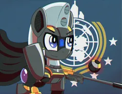 Size: 1440x1111 | Tagged: safe, derpibooru import, oc, oc:trackhead, pony, robot, robot pony, anti-materiel rifle, armor, cape, clothes, flag, helldivers 2, image, png, salute, solo, stratagem