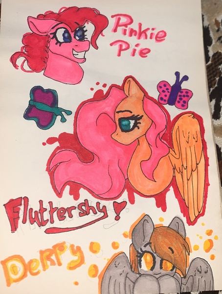 Size: 1977x2613 | Tagged: safe, artist:deadsmoke, derpibooru import, derpy hooves, fluttershy, pinkie pie, butterfly, earth pony, insect, pegasus, bubble, bust, curly mane, cute, image, irl, jpeg, looking at you, marker drawing, photo, portrait, smiling, teeth, traditional art