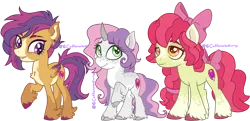 Size: 3900x1887 | Tagged: safe, artist:caffeinatedcarny, derpibooru import, apple bloom, scootaloo, sweetie belle, earth pony, pegasus, pony, unicorn, alternate design, apple bloom's bow, applebetes, bow, chest fluff, cloven hooves, coat markings, colored hooves, colored wings, countershading, curved horn, cute, cutie mark crusaders, ear piercing, eyebrow slit, eyebrows, feathered fetlocks, freckles, g4, hair bow, horn, horn runes, image, markings, older, piercing, png, redesign, simple background, socks (coat marking), tail, tail bow, teenager, transparent background, trio, twitterina design, undercut, unshorn fetlocks, wings