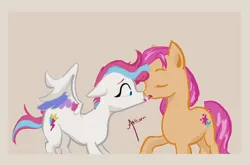 Size: 1970x1300 | Tagged: safe, artist:asttom, derpibooru import, sunny starscout, zipp storm, earth pony, pegasus, pony, g5, concave belly, duo, female, image, imminent kissing, kissing, lesbian, mare, physique difference, png, ship:sunnystorm, shipping, simple background, slender, thin