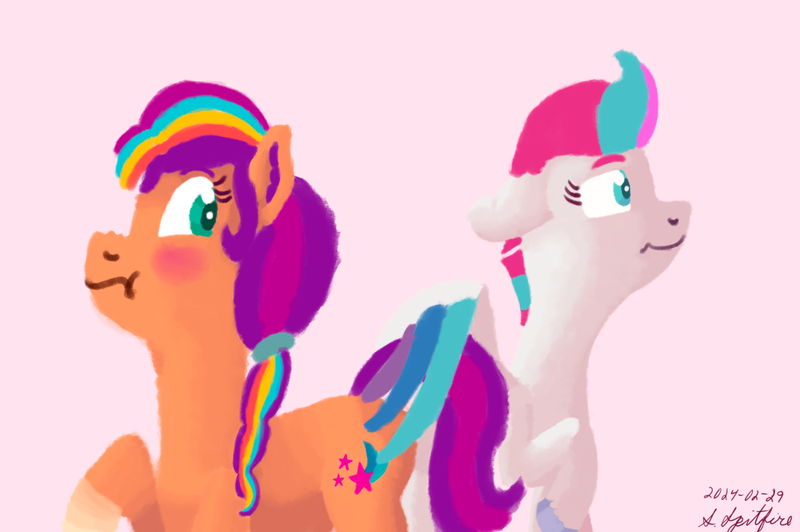 Size: 1280x851 | Tagged: safe, artist:gosupermarinespitfire, derpibooru import, sunny starscout, zipp storm, earth pony, pegasus, pony, g5, blushing, female, image, lesbian, mare, pink background, png, ship:sunnystorm, shipping, simple background