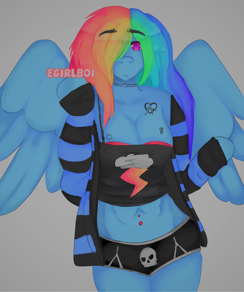 Size: 1398x1673 | Tagged: suggestive, artist:egirlboi, derpibooru import, rainbow dash, anthro, pegasus, belly button, belly piercing, big breasts, breasts, clothes, emo, female, hoodie, image, muscles, muscular female, piercing, png, shorts, tattoo