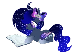 Size: 2296x1702 | Tagged: safe, artist:pure-blue-heart, derpibooru import, oc, oc:space mountain, unofficial characters only, bat pony, pony, base used, bat pony oc, bat wings, book, bow, chest fluff, disney, disneyland, ethereal mane, fangs, female, freckles, gradient hooves, hair bow, image, lying down, mare, open book, png, reading, simple background, solo, starry mane, transparent background, wings