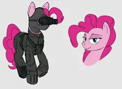 Size: 2634x1930 | Tagged: safe, artist:mare_enjoyer, derpibooru import, pinkie pie, earth pony, pony, balaclava, clothes, goggles, image, mask, masked, night vision goggles, png, pvs-7, solo, uniform