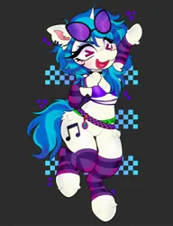 Size: 1576x2048 | Tagged: safe, artist:pxppyclawz, derpibooru import, vinyl scratch, pony, semi-anthro, unicorn, alternate hairstyle, bipedal, blushing, bra, choker, clothes, colored eyebrows, colored pinnae, coontails, ear piercing, earring, eye clipping through hair, eyebrows, eyelashes, eyeshadow, female, fluffy, g4, glasses, gray background, grid, heart tongue, horn, image, jewelry, jpeg, leg warmers, makeup, mare, open mouth, open smile, piercing, raised hoof, signature, simple background, smiling, solo, stars, tamagotchi, underwear, unusual pupils, vinyl's glasses, waving