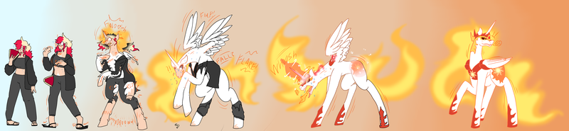 Size: 4356x1007 | Tagged: safe, artist:st0ne-drag0n, derpibooru import, daybreaker, alicorn, human, pony, clothes, concave belly, fan, female, gradient background, high res, human to pony, image, mane of fire, png, ripping clothes, tail, tail of fire, tall, transformation, transformation sequence