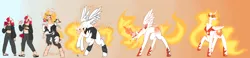 Size: 4356x1007 | Tagged: safe, artist:st0ne-drag0n, derpibooru import, daybreaker, alicorn, human, pony, clothes, concave belly, fan, female, gradient background, high res, human to pony, image, mane of fire, png, ripping clothes, tail, tail of fire, tall, transformation, transformation sequence