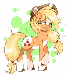 Size: 1129x1215 | Tagged: safe, artist:galaxy swirl, derpibooru import, applejack, earth pony, pony, abstract background, applejack's hat, blaze (coat marking), circle background, coat markings, cowboy hat, eye clipping through hair, eyebrows, eyebrows visible through hair, facial markings, female, freckles, g4, hairband, hat, image, jpeg, lidded eyes, mare, pale belly, signature, socks (coat marking), solo