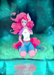 Size: 1394x1949 | Tagged: safe, derpibooru import, pinkie pie, human, equestria girls, too many pinkie pies, boots, cave, clothes, female, g4, glowing mushroom, image, looking at self, mirror pool, mushroom, open mouth, png, pony ears, reflection, scene interpretation, shirt, shoes, shorts, solo, t-shirt, tail