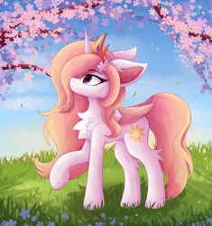 Size: 3005x3200 | Tagged: safe, artist:gaffy, derpibooru import, princess celestia, alicorn, pony, alternate hairstyle, cheek fluff, cherry blossoms, chest fluff, cute, ear fluff, eye clipping through hair, eyebrows, eyebrows visible through hair, flower, flower blossom, flower in hair, g4, horn, image, png, raised hoof, spread wings, wings