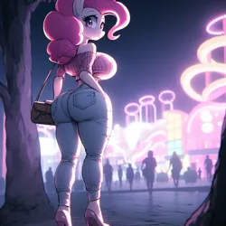 Size: 1024x1024 | Tagged: safe, ai content, derpibooru import, machine learning generated, pinkie pie, anthro, earth pony, adorasexy, bag, balloonbutt, bare shoulders, big breasts, breasts, busty pinkie pie, butt, carnival, clothes, curvy, cute, denim, female, forest, g4, hand in pocket, handbag, high heels, hourglass figure, huge breasts, image, impossibly thin waist, jeans, large butt, looking back, mysterious, nature, neon, night, no tail, pants, pink eyes, png, prompter:horselover fat, purse, rear view, sexy, shoes, shoulderless, solo, stupid sexy pinkie, tree, wasp waist, wide hips, wrong eye color