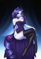 Size: 3680x5344 | Tagged: suggestive, artist:yutakira92, derpibooru import, rarity, anthro, unguligrade anthro, unicorn, big breasts, breasts, busty rarity, cleavage, clothes, crossed legs, curvy, dress, female, horn, image, looking at you, png, smiling, socks, solo, solo female, stockings, sultry pose, thigh highs, total sideslit