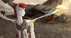 Size: 1980x1080 | Tagged: safe, artist:chevapchichi_, derpibooru import, pegasus, fallout equestria, blood, body armor, bush, complex background, devastation, enclave, frown, grass, grass field, green eyes, image, male, png, red mane, ruins, solo, solo male, spread wings, technology, transportation, vertibuck, wasteland, wings