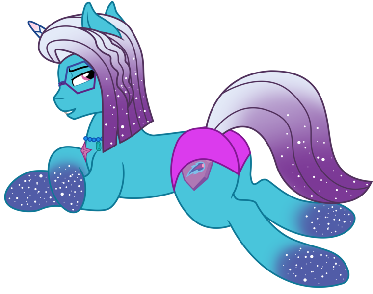 Size: 8425x6648 | Tagged: suggestive, alternate version, artist:ejlightning007arts, derpibooru import, pony, g5, my little pony: make your mark, my little pony: tell your tale, spoiler:g5, auroricorn, base used, butt, clothes, coat markings, comet (g5), g4, g5 to g4, generation leap, glasses, glitter, glitter mane, image, jewelry, looking back, lying down, male, my little pony: make your mark chapter 6, necklace, pink swimsuit, plot, png, secrets of starlight, sexy, simple background, socks (coat marking), speedo, stallion, sultry pose, swimsuit, transparent background, vector