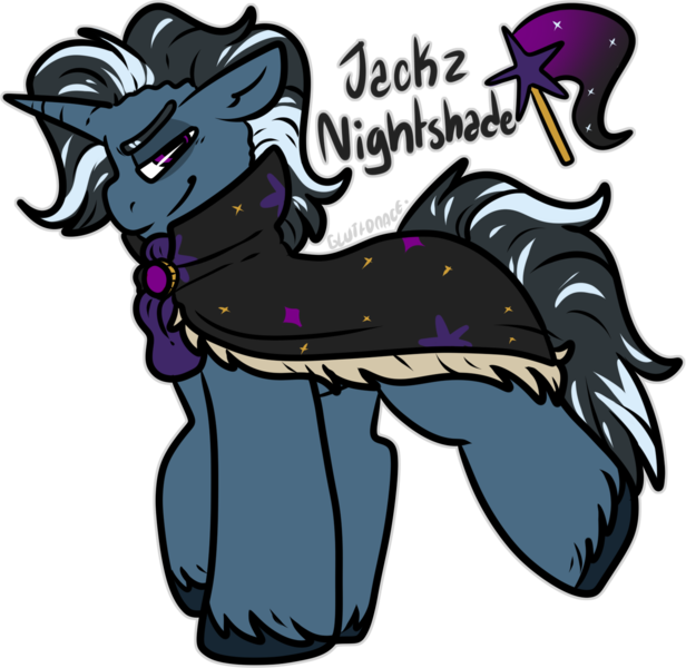 Size: 1561x1521 | Tagged: safe, artist:sexygoatgod, derpibooru import, oc, oc:jackz nightshade, unofficial characters only, pony, unicorn, adoptable, cape, clothes, horn, image, male, offspring, parent:king sombra, parent:trixie, parents:trixbra, png, simple background, solo, transparent background