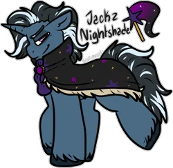 Size: 1561x1521 | Tagged: safe, artist:sexygoatgod, derpibooru import, oc, oc:jackz nightshade, unofficial characters only, pony, unicorn, adoptable, cape, clothes, horn, image, male, offspring, parent:king sombra, parent:trixie, parents:trixbra, png, simple background, solo, transparent background