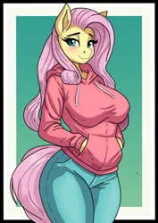 Size: 1240x1754 | Tagged: safe, artist:rekheadz, derpibooru import, fluttershy, anthro, pegasus, pony, big breasts, blushing, border, breasts, busty fluttershy, clothes, denim, female, gradient background, hand in pocket, hoodie, image, jeans, lidded eyes, mare, pants, passepartout, png, smiling, solo