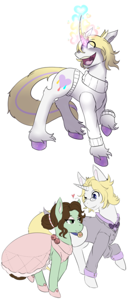 Size: 1000x2280 | Tagged: safe, artist:squeezymouse, derpibooru import, oc, oc:good graces, oc:tri color, unofficial characters only, earth pony, unicorn, blonde mane, bowtie, brown mane, clothes, colored hooves, colored horn, cutie mark, derpibooru exclusive, description is relevant, dress, duo, duo male and female, earth pony oc, female, glasses, horn, image, magic, magic aura, male, mental breakdown, no pants, no shading, png, rainbow horn, rainbow magic aura, shiny hooves, shoes, simple background, simple shading, suit, sweater, tail, transparent background, two toned tail, unicorn oc, unusually shaped magic aura