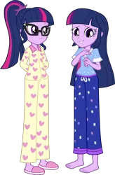 Size: 3140x4800 | Tagged: safe, artist:octosquish7260, derpibooru import, sci-twi, twilight sparkle, human, equestria girls, barefoot, clothes, feet, female, g4, glasses, image, looking at each other, looking at someone, pajamas, pants, png, self paradox, shirt, simple background, slippers, teenager, teeth, transparent background, twolight